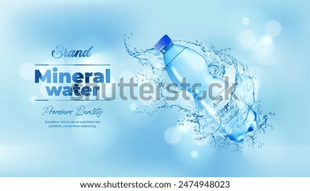 Mineral water bottle with swirl splash. Vector promotional advertising background with realistic 3d vector plastic bottle and pure waters on blue clean backdrop. Hydration, refreshment and vitality