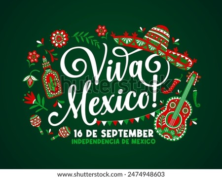 Viva mexico mexican independence day banner with sombrero, tequila and guitar, maracas and flowers. Vector holiday celebration greeting card with traditional jalapeno peppers, flag garland and hat