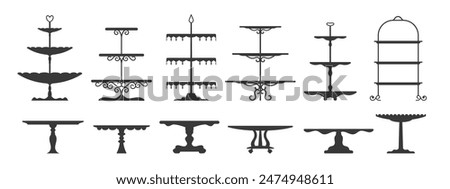 Wedding tea cake platter, isolated stand tray silhouettes. Vector retro table stands, pedestals and display plates for desserts, sweet food and pastries. Serving cake display platters, tiered stands