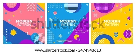 Modern geometric cover background, memphis shapes banners with vector pattern of line circles, squares, stars, dots and waves. Trendy minimal art graphic elements ornament, memphis bg covers set