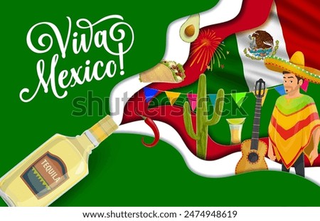 Viva Mexico paper cut banner with vector national flag and mexican holiday symbols. Cartoon mariachi musician character, guitar, sombrero and cactus, tequila, avocado, taco, chili in 3d papercut frame