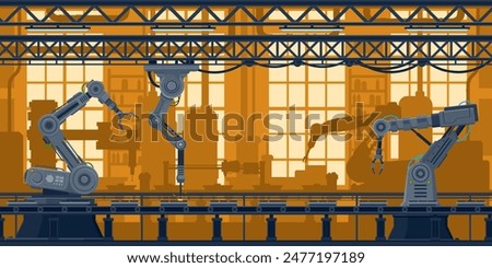 Factory conveyor line with computer robots in technology industry, vector background. Production machine with robotic arms on factory conveyor belt, machinery assembly process of automated manufacture