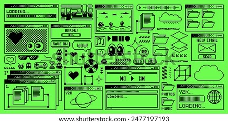 Rave Y2K computer window page with acid green interface screen and pixel buttons, vector background. Acid rave Y2K computer windows with 8 bit loading bars, file folders, music player and message box