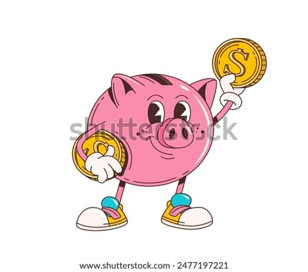 Cartoon retro groovy piggy bank character. Isolated vector cheerful hippie style pink piggy bank personage with a wide smile, and a coin slot on its back, eager to save money and bring financial joy