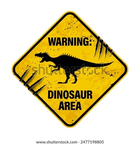 Dinosaur warning sign with claw mark scratch. Vector grungy yellow and black rhombus shaped banner with roaring Spinosaurus silhouette. Distressed cautionary message, alert signboard for dino park