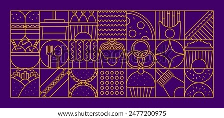 Fast food modern geometric pattern with mosaic burgers and popcorn, vector background. Abstract fast food in geometric mosaic line pattern of pizza, ice cream and hot dog, donut with fries and coffee