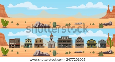 Desert landscape and Western Wild West town cartoon buildings. Old saloon, store, sheriff office and bank vector houses, church, hotel, pharmacy and post wood houses, Western street rural architecture