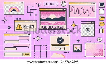 Retro y2k computer window page interface. Vector pc desktop with folders, loading bar, program error, chat app, sparks, browser and menu icons. Rave pink screen background in old 2000s aesthetic style