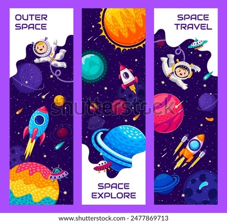 Space travel banners with kid astronaut characters. Outerspace adventure, cosmos travel or astronomy exploration cartoon vector banners with boy in spacesuit flying in outer space among planets