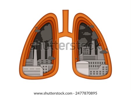 Paper cut lungs pollution. 3d vector papercut art showing layered frame in shape of lung filled with factory building and pipe silhouettes emitting smoke. Impact of urban air pollution on human health