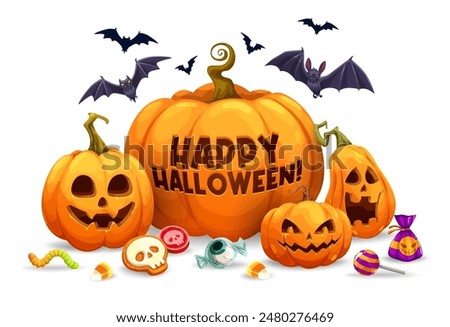 Halloween pumpkins, bats ans holiday sweets. Autumn horror holiday, Halloween season event vector backdrop with scary Jack o lantern carved faces, flying bats, creepy candy and cookie treats desserts