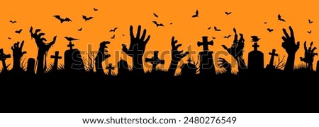 Halloween zombie hands silhouettes on cemetery. Vector creepy graveyard with emerging dead arms, flying bats and ravens sitting on tombs on orange background. Horror night holiday necropolis scene