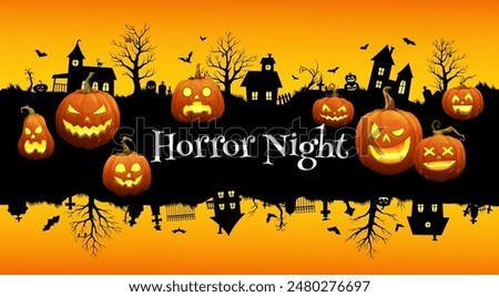 Halloween grunge banner with scary pumpkins and town silhouette. Vector background with moonlit creepy cityscape shrouded in darkness, haunted houses, gnarled trees and bats set stage at horror night