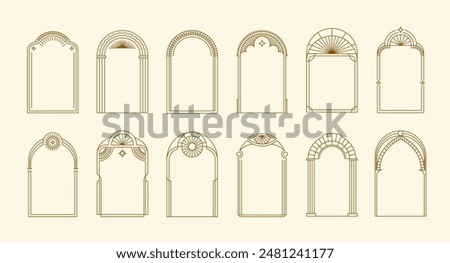 Art deco arch frames with vector borders of gold line geometric pattern. Luxury golden arches with elegant ornaments of geometric shapes, stars, eye and sun. Vintage art deco frame borders set