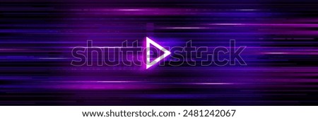 Video game glitch background of retro TV or computer screen with purple pixel noise lines vector pattern and neon light play button or triangle sign. Digital data glitch effect banner, game background