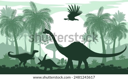 Prehistoric landscape with dinosaur silhouettes in jungle forest of Jurassic park, vector background. Cartoon prehistoric dinosaur lizards and birds in jungle forest with sun and palm trees silhouette