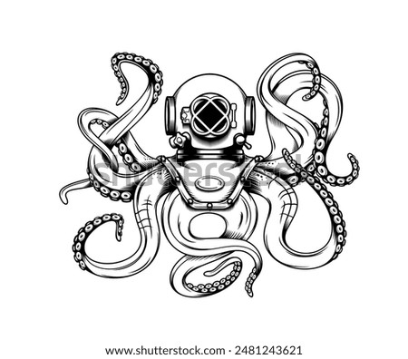 Octopus tattoo with tentacles and diver helmet. Vector hand drawn sketch of giant octopus or kraken fantasy sea animal. Engraving marine monster wearing vintage deep dive or scuba diving sport helmet