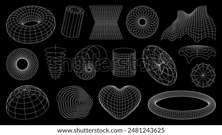 3d wireframe shapes, brutal perspective grid, retro tech mesh vector line elements. Abstract geometric shapes of 3d wire frame sphere or globe, wave, torus and heart grid, tunnel and wave meshes