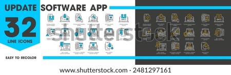 Update software app line icons, maintenance and download outline symbols vector set, represent various aspects of software updating such as loading, installation, refresh, buy license, error, settings