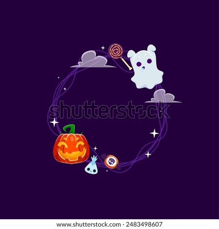 Halloween frame adorned with a funny ghost, grinning pumpkin, clouds, stars and an array of tempting sweets. Vector round empty festive border encapsulating festive and sweet spirit of the holiday