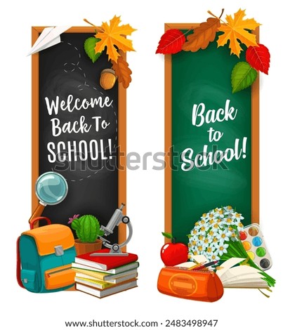 Back to school vertical banners with school supplies, including a microscope, books, backpack and autumn leaves, welcoming students to the new school year. Vector vertical educational cards, bookmarks