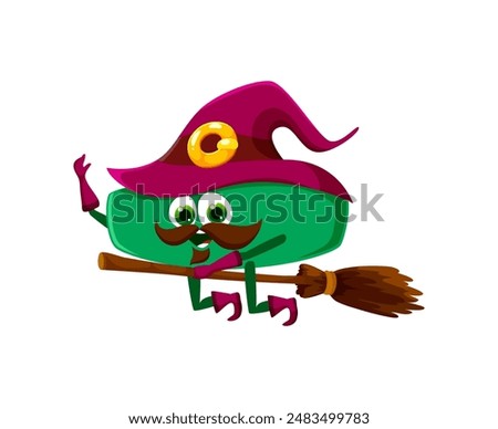 Cartoon Halloween math minus sign witch character for kids mathematics, vector equation symbol. Minus math sign in holiday costume of wizard or witch flying on magic broomstick for Halloween holiday