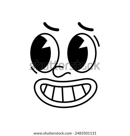 Cartoon funny comic groovy face toothy smile emotion and retro cute emoji character. Isolated vector cheerful and positive facial expression. Monochrome grinning personage emoticon with goggle eyes