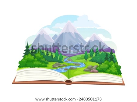 Cartoon open nature book with mountains, forest and river landscape. Vector story scene, capturing serene beauty of rocks and lush woods, transporting readers to the heart of natural tranquility