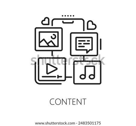 Content marketing and blogging line icon, vector social media. Mobile phone screen with video, music and image files, website article or post and social media reaction heart outline symbols