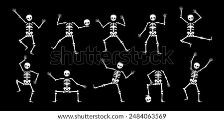 Halloween skeleton dance. Vector set of funny characters in different poses. Creepy skeletons, dead personages dancing, squatting, juggling skull, and playing, animation sequence frame, game sprite