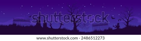 Halloween cemetery silhouette at night vector banner. Halloween horror holiday spooky graveyard landscape of scary zombies reaching out from graves, creepy trees and bats on dark night sky background