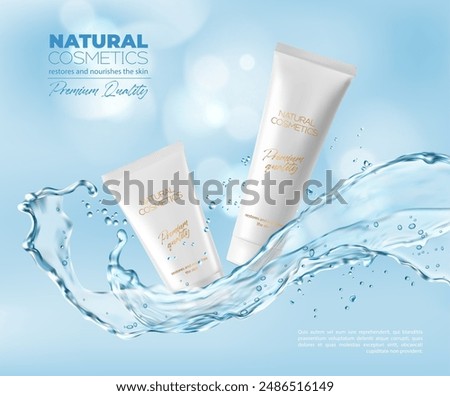 Skincare cream water cosmetics product tube. Vector ads promotes two white natural cosmetic tubes surrounded by splashing water on a light blue background. Beauty products for restore and nourish skin