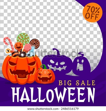 Halloween sale banner template, scary pumpkins and holiday sweets bucket, cartoon vector. Halloween discount promo or special price off promotion frame with monster candies on transparent background