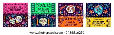 Day of the Dead papel picado paper cut flags with Dia de los Muertos sugar skulls, maracas and ofrenda candles. Vector mexican Halloween skulls and festive bunting garland with ethnic floral pattern