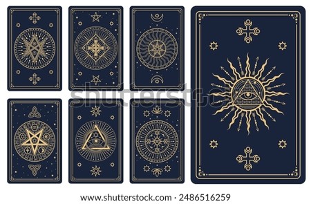 Magic tarot cards with astrological, mystical symbols, esoteric occult golden signs of sun, pyramid, cross, all-seeing eye, stars and Celestial patterns. Vector Boho style Witchcraft, Spiritual cards