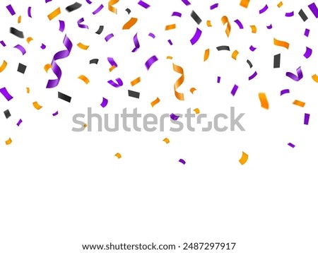 Halloween holiday confetti, background with orange and purple falling paper pieces cascade adding a festive touch to carnival celebrations. Colorful vector burst of fun and excitement in the air