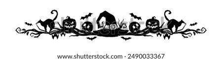 Halloween frame border and divider. Isolated vector spooky decorative holiday element with black silhouettes of creepy pumpkin faces, cats, human skulls, flying bats and witch hat on tree branches