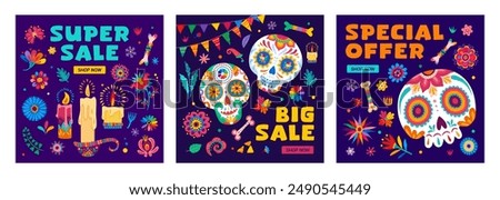 Mexican holiday sale banners, vector square promo cards for day of the dead shopping deals and special offers. Calavera sugar skulls, floral motifs, candles, and bones in traditional alebrije style