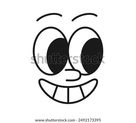 Retro cartoon character face flaunts groovy, toothy grin, with exaggerated, expressive eyes, Isolated vector monochrome comic smile emoji, radiating a blend of quirky charm and cute, nostalgic vibes