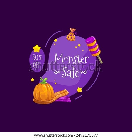 Halloween sale banner with holiday candy sweets and pumpkin, vector discount promotion deal. Halloween monster sale and discount promo ad for 50 percent off with trick or treat caramel candy