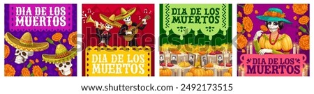 Mexican day of the dead holiday, dia de los muertos banners. Vector social media history screen square templates with festive dead characters Catrina, skeleton mariachi band, altar or marigold flowers