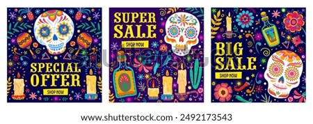 Mexican sale banners, day of the dead holiday vector square cards, feature vibrant colors, sugar skulls, floral motifs, candles, maracas and peppers. Special offers promo in traditional alebrije style