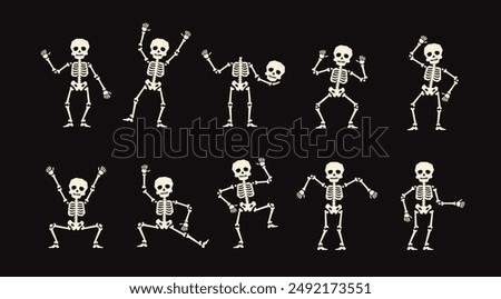 Skeleton dance. Dancing Halloween skeleton characters groove in eerie delight, rattling bones to a haunting beat with their macabre and spirited spooky dance. Vector set of animated dead personages