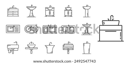 Kitchen sinks and bathroom basins line icons of bath furniture, vector symbols. Bathroom and kitchen sinks with faucet or water taps on cabinet or bath countertop with ceramic bowl and wash basin