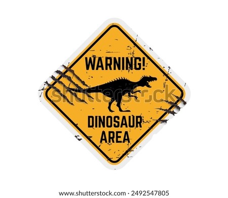 Dinosaur warning sign Vector grungy yellow and black rhombus shaped banner with roaring Spinosaurus silhouette and claw mark scratches. Distressed cautionary message, alert signboard for dino park