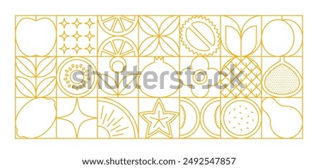 Fruit line modern geometric pattern background with berry food and abstract star shapes. Square tiles with outline apple, orange, pineapple, lemon and kiwi, durian, plum and pomegranate pattern