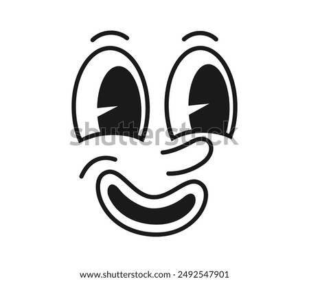 Groovy cartoon smile beams with psychedelic vibes, featuring funny, exaggerated eyes brimming with joy. Isolated vector retro cute emoji character with a vibrant, infectious grin, and nostalgic mood