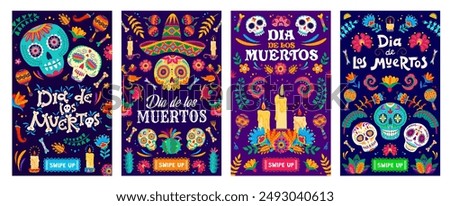 Day of the dead Mexican holiday posters, dia de los Muertos celebration flyers. Vibrant vector cards with colorful alebrije sugar skulls, marigolds and traditional symbols of Mexico honor the deceased