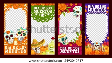 Day of the dead holiday social media template. Vector dia de los muertos mexican vertical empty frames with calavera sugar skulls, marigold flowers, candles and bones to celebrate culture of Mexico