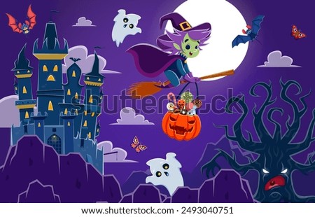 Halloween landscape with flying witch, kawaii ghosts, bats and dark castle in the mountains. Vector spooky night scene with hag riding broom, against the moon, casting an eerie glow on a lurking tree